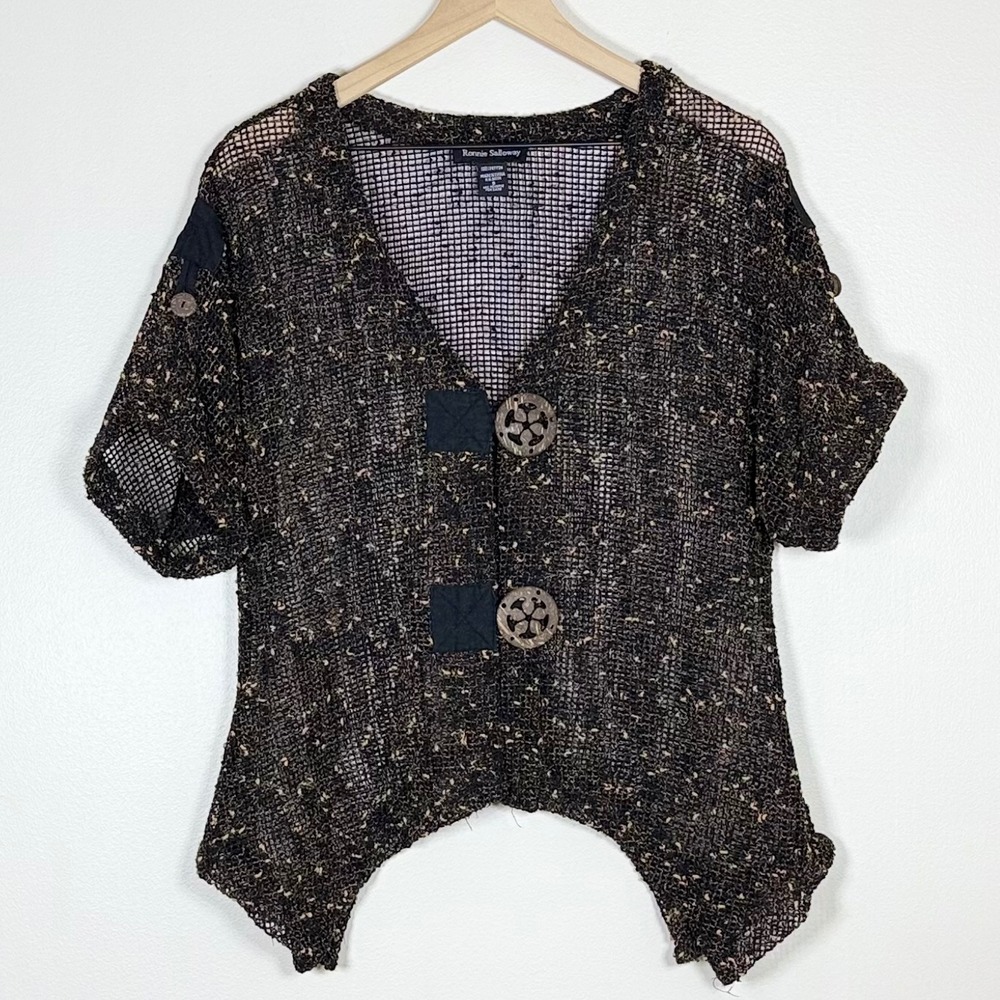 Vintage Womens Lagenlook Mesh Knit Cardigan Size S Black Tan Sharkbite Hem Artsy